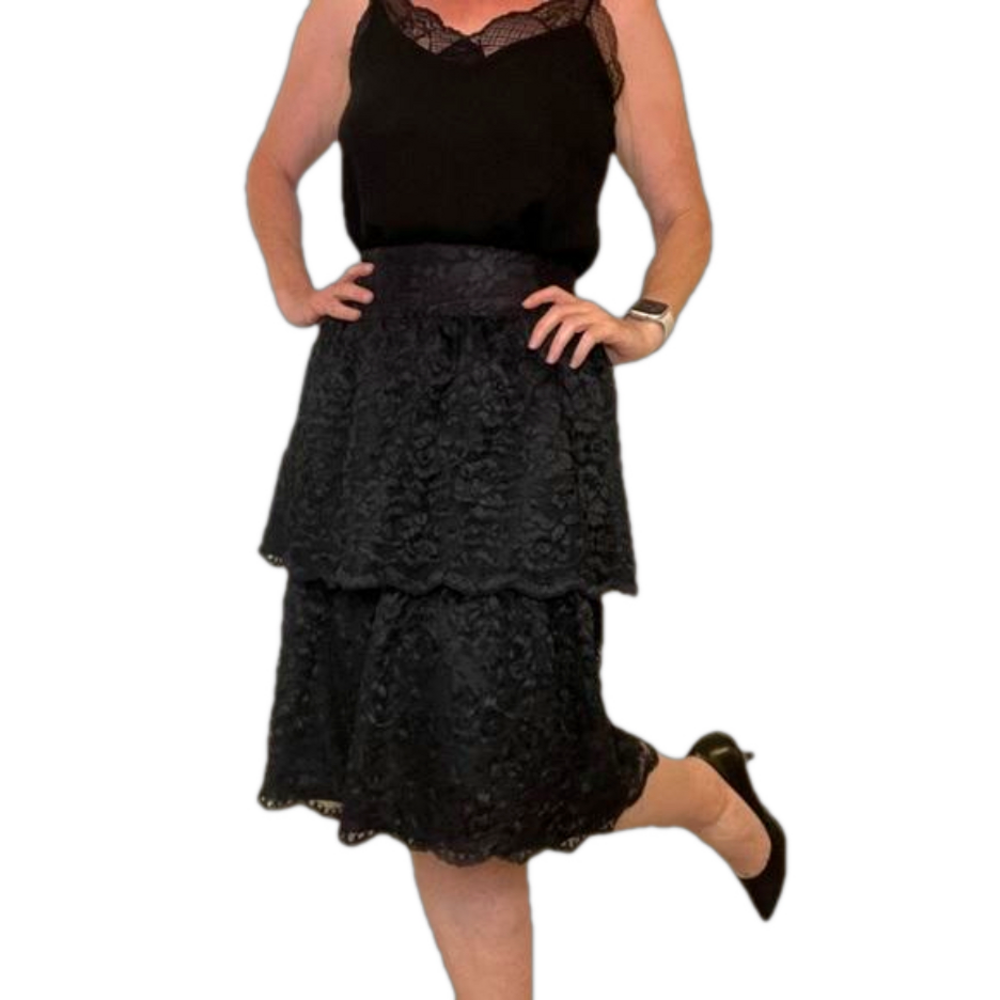 VINTAGE Mister Leonard Tiered Black Lace Midi Skirt Evening Cocktail Timeless